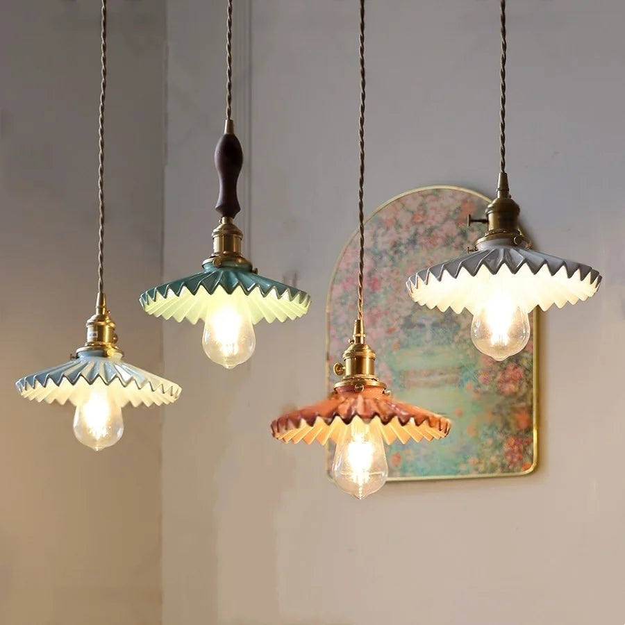 Afralia™ Nordic LED Pendant Light Walnut Wood Green Ceramic Hanging Lamp