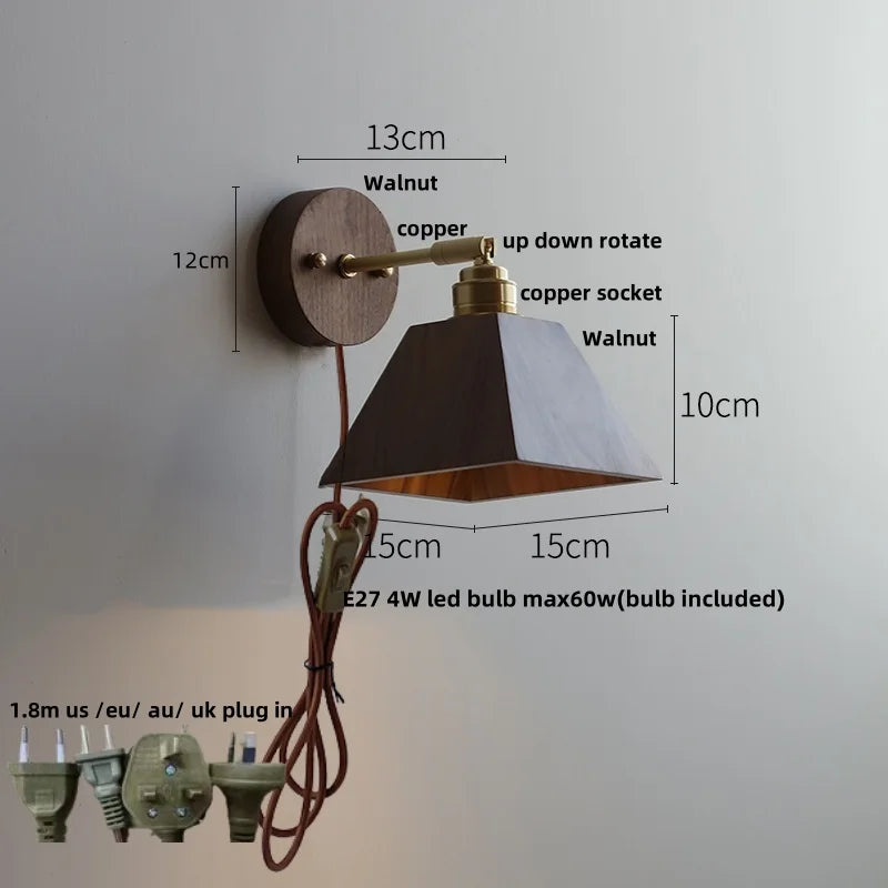 Walnut Wood LED Wall Sconce with Pull Chain Switch - Modern Nordic Copper Socket