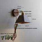 Walnut Wood LED Wall Sconce with Pull Chain Switch - Modern Nordic Copper Socket