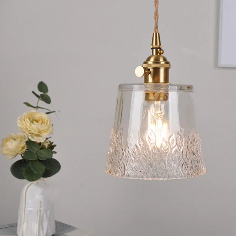 Clear Leaf Glass LED Pendant Copper Switch Kitchen Dining Room Light