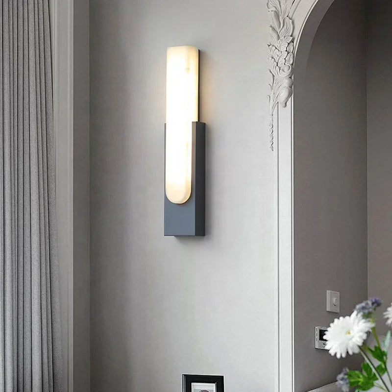 Grey Metal LED Marble Wall Sconce Lamp for Nordic Modern Bedroom