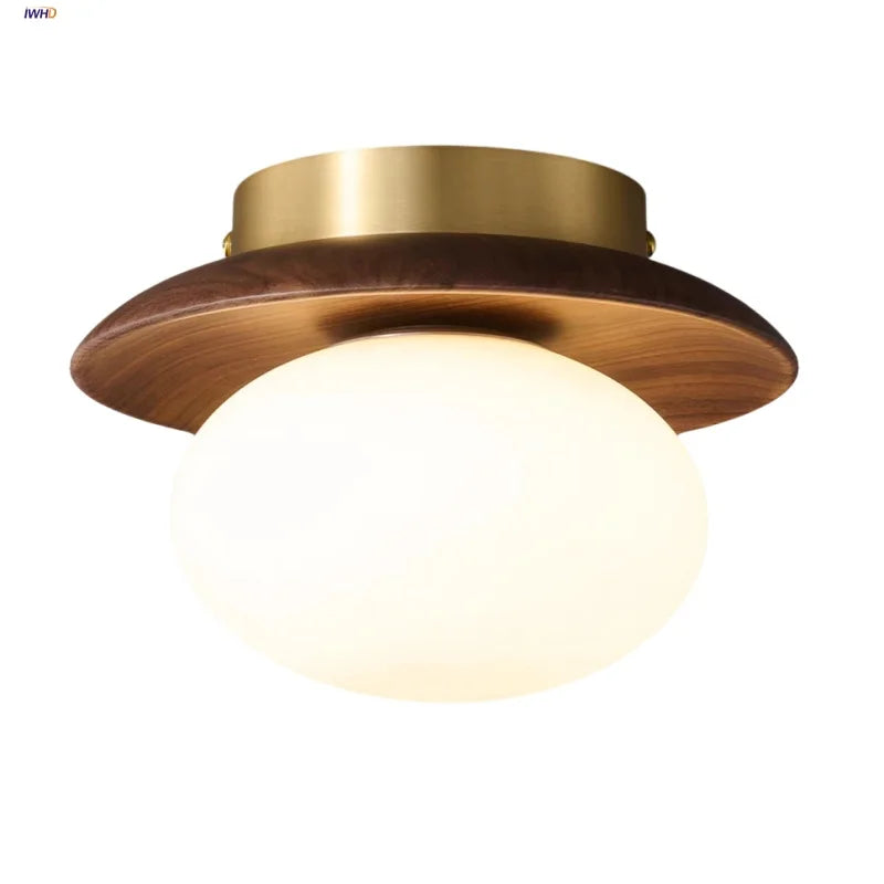 White Glass LED Ceiling Light Fixture with Wood Copper Canopy