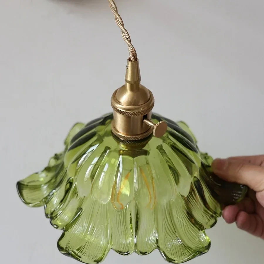 Glass & Copper Green Flower LED Wall Sconce with Pull Chain