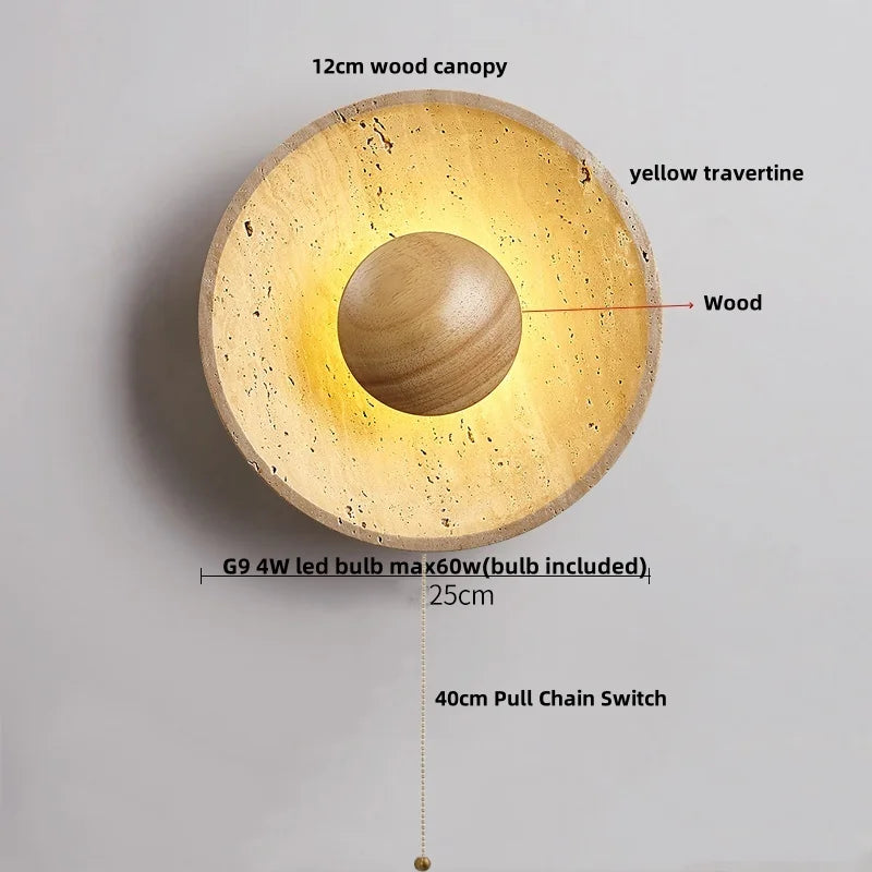 Retro Wood LED Wall Sconce, Yellow Travertine Stone Room Decor Stair Light
