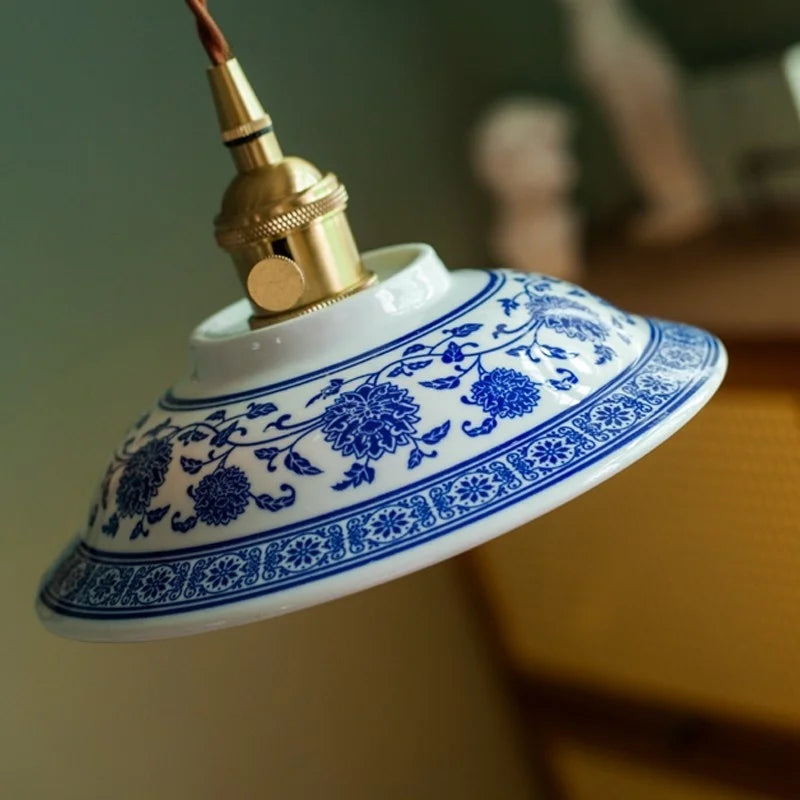 Patterned Ceramics LED Pendant Lights Vintage Copper Hanging Lamp