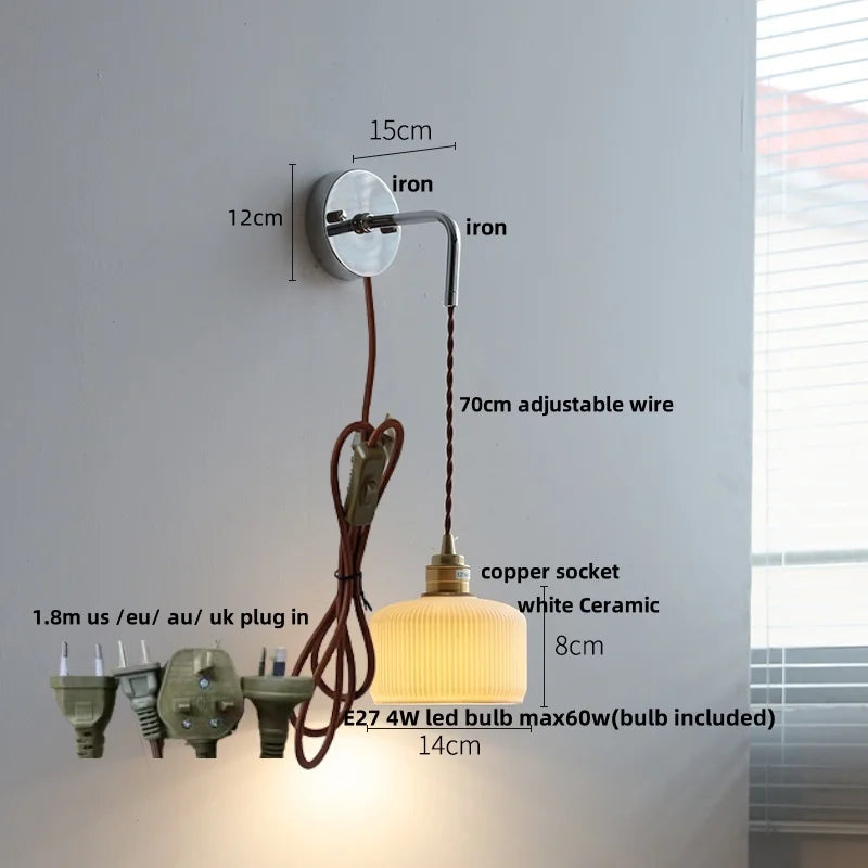 Ceramic LED Wall Sconce Pull Chain Switch Bedside Lamp White Nordic Modern Fixtures