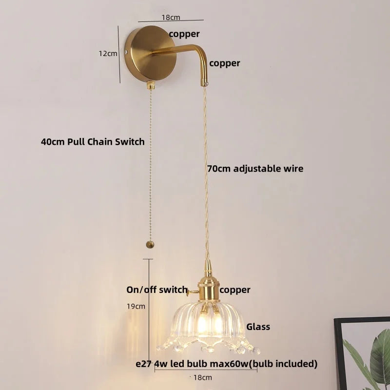 Copper LED Glass Wall Sconce with Pull Chain Switch for Living Dining Room