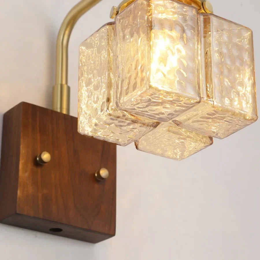 Amber Glass LED Wall Sconce with Walnut Wood, Pull Chain Switch for Living Room