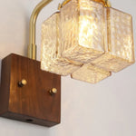 Amber Glass LED Wall Sconce with Walnut Wood, Pull Chain Switch for Living Room