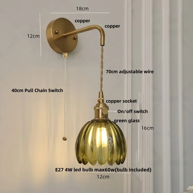 Smoke Gray Glass LED Wall Light Fixture Minimalist Pull Chain Switch Bedside Lamp