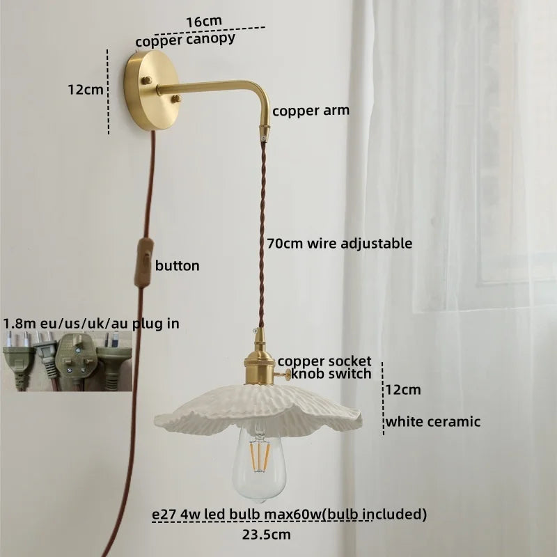 Ceramic Copper LED Wall Lamp with Pull Chain Switch for Modern Style Interiors
