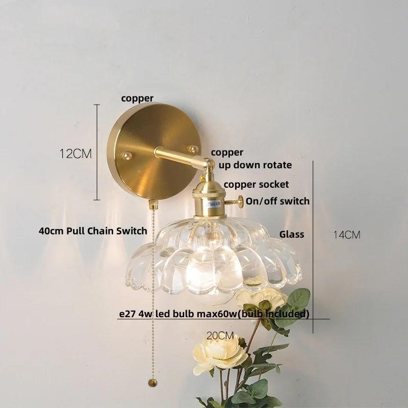 LED Glass Wall Lights Pull Chain Switch | Nordic Modern Design Bedside Lamp