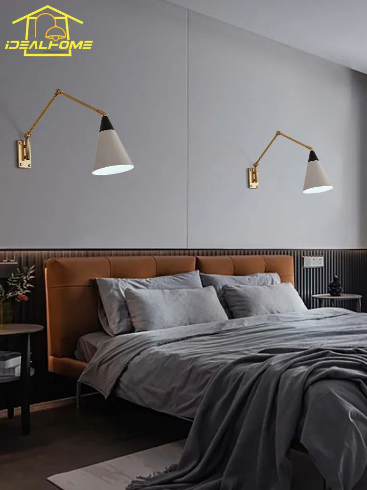 Gold Lustre Copper Swing Arm Wall Lamp LED E27 for Villa Bedroom Study