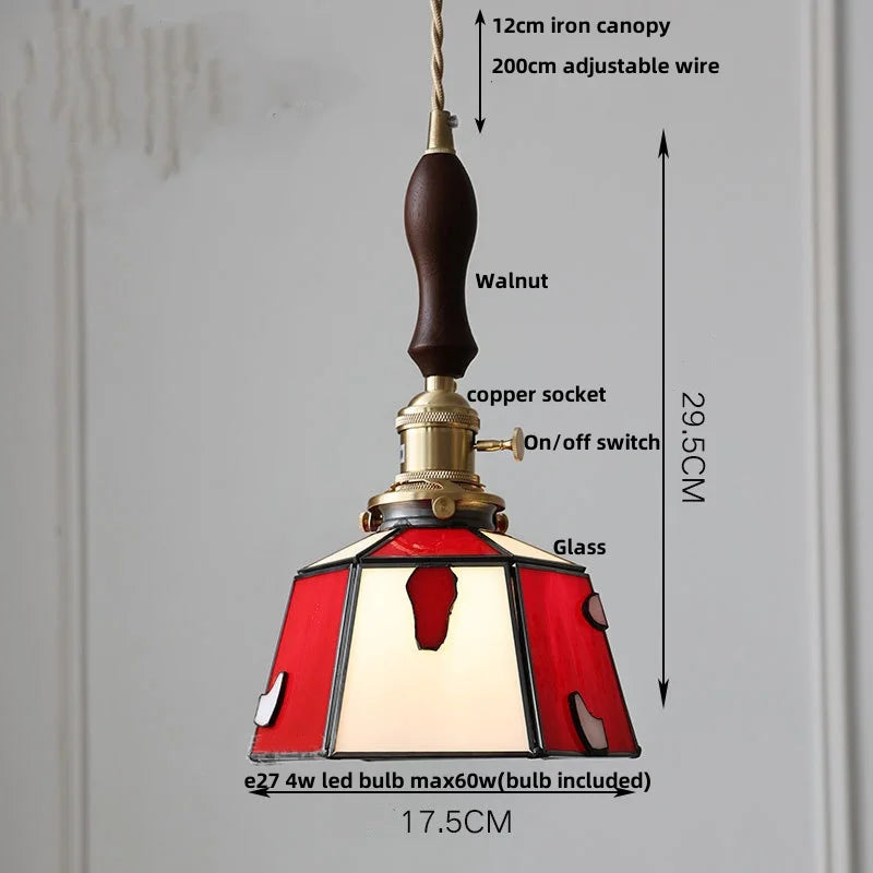 Afralia™ Tiffany Glass LED Pendant Lamp with Walnut Knob Switch