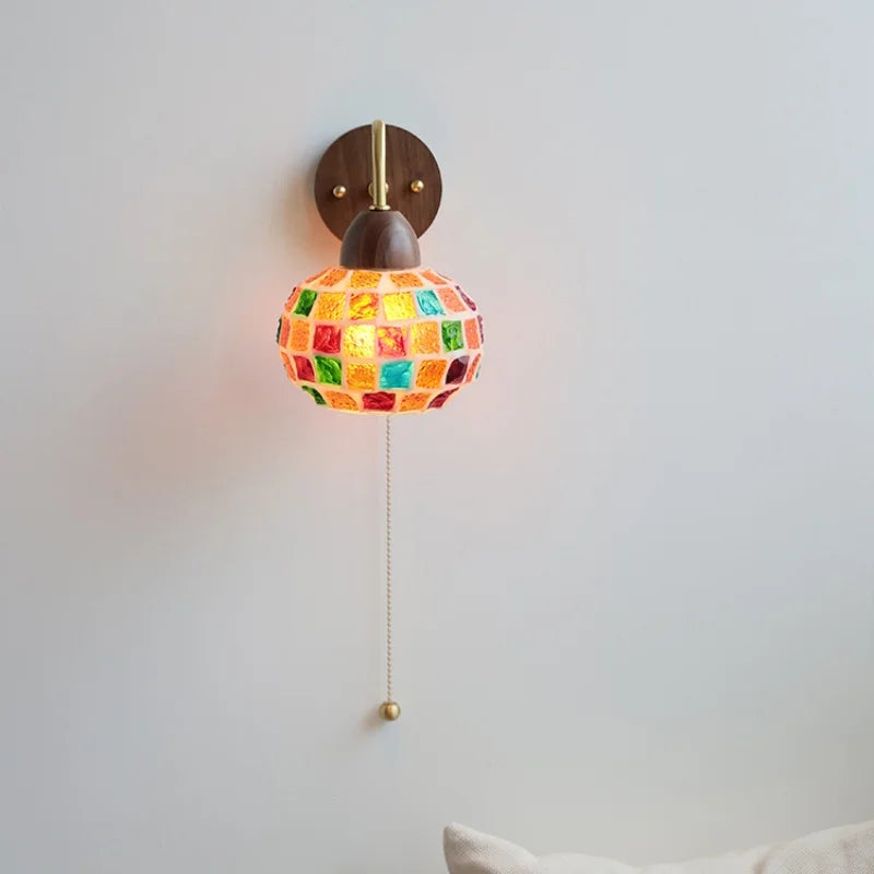 Tiffany Style LED Wall Sconce Walnut Wood Glass Stair Light.