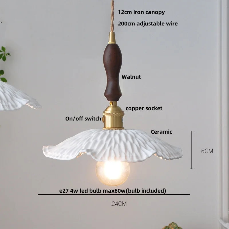 White Ceramic LED Pendant Lamp with Copper Switch - Flower Hanging Light