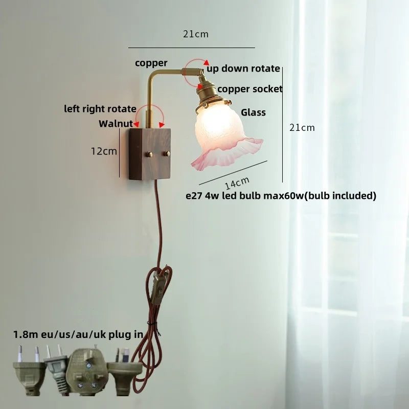 Nordic LED Wall Light with Pull Chain Switch, Copper Walnut Wood and Clear Glass