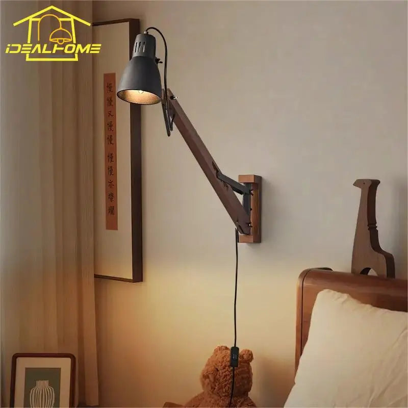 LED Long Pole Swing Arm Wall Lamp, Solid Wood, Adjustable, Industrial Designer