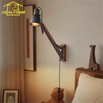 LED Long Pole Swing Arm Wall Lamp, Solid Wood, Adjustable, Industrial Designer