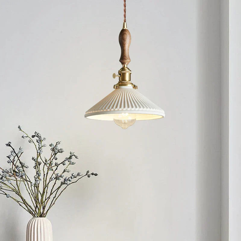 White Ceramic Brass LED Pendant Light - Vintage Japanese Hanglamp