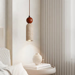 Stone LED Hanging Lamp Bedroom Living Room Lighting Yellow Travertine Wood Pendant