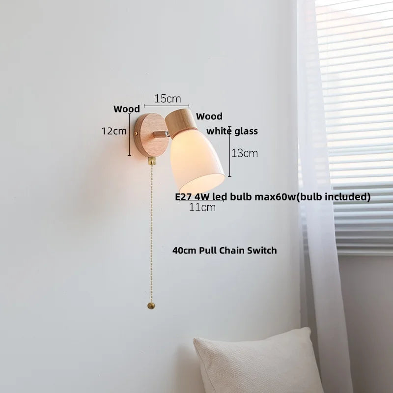 Amber Glass LED Wall Sconce Nordic Modern Wood Pull Chain Switch Stair Light