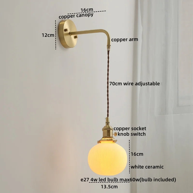 Ceramic Copper LED Wall Lamp with Pull Chain Switch for Modern Style Interiors