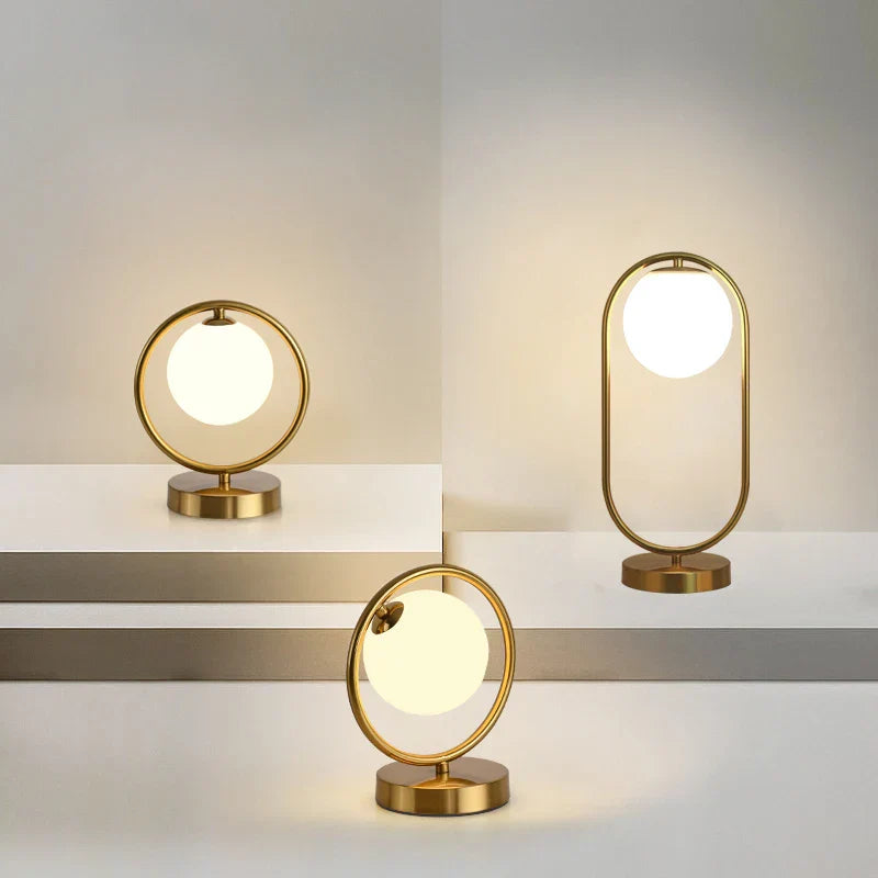 LED Brass Glass Table Lamp for Bedside Reading Desk - Modern Round Ring Design
