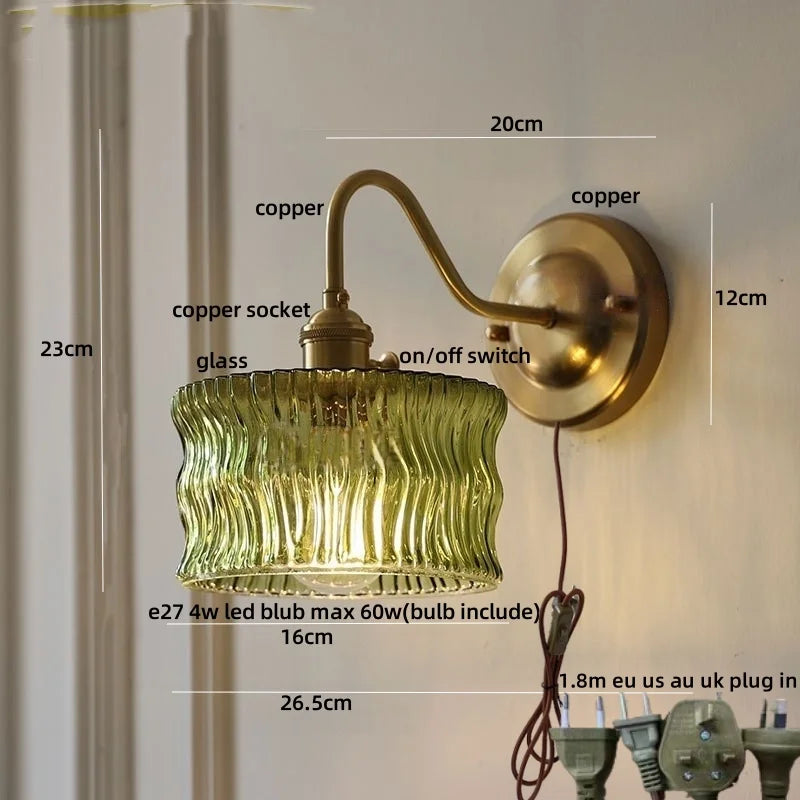 Clear Glass Wall Sconce LED Lights Modern Nordic Copper Bedside Lamp