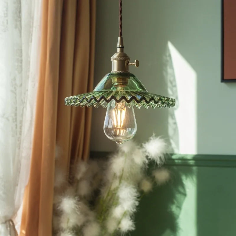 Afralia™ Green Brass Glass LED Pendant Light for Kitchen Cafe Bar Loft Decoration