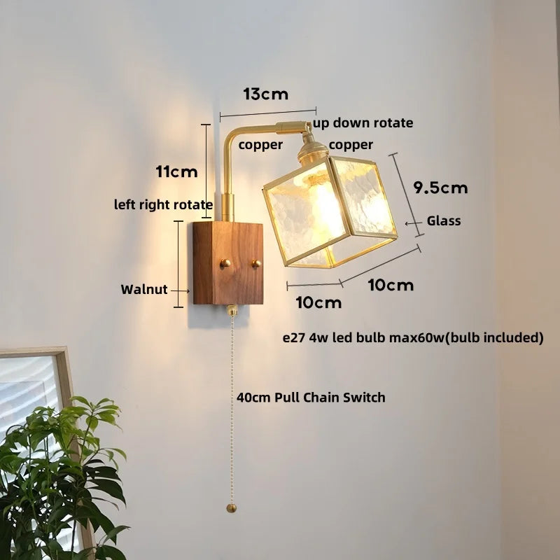 Wood Cube Glass LED Wall Lights with Pull Chain Switch for Modern Interiors