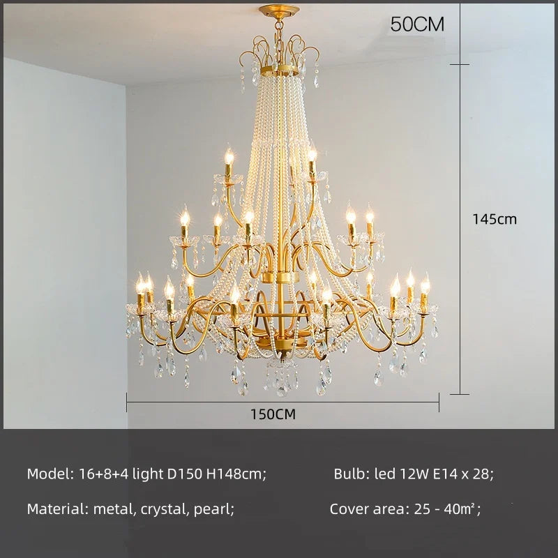 Gold Crystal Pearl Chandelier LED Pendant Lights Luxe Living Room Decor