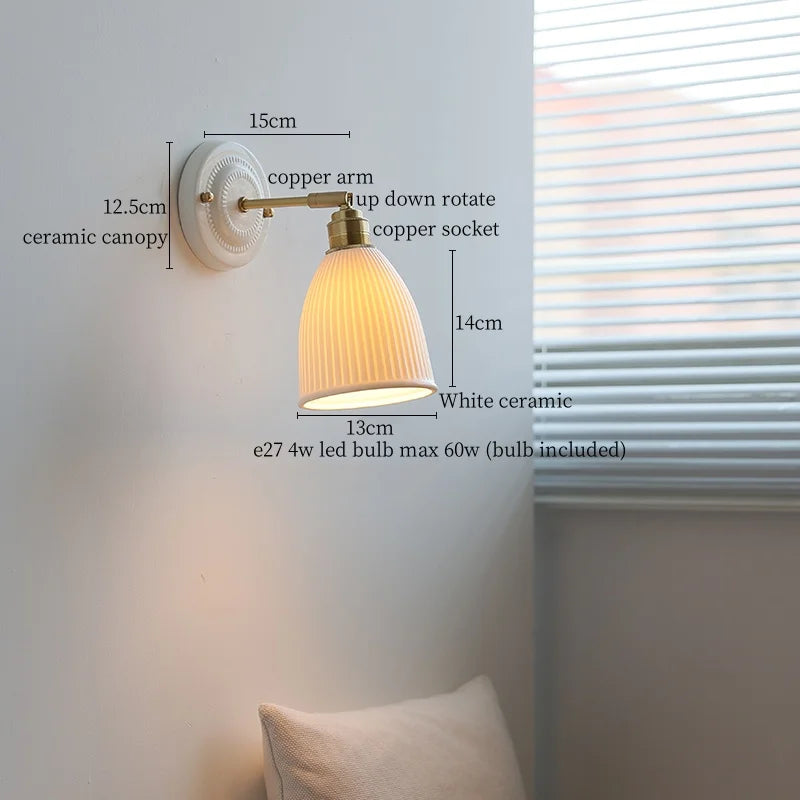 Afralia™ Copper Ceramic LED Wall Light with Pull Chain Switch for Living Room Decor.