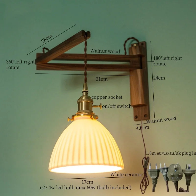 Afralia™ Nordic Ceramic LED Wall Light - Stretchable Folding Walnut Wood Loft Bedside Lamp