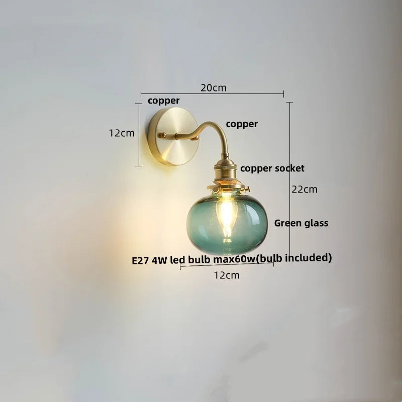 Green Class Ball LED Wall Light Fixture, Copper Socket, Pull Chain Switch