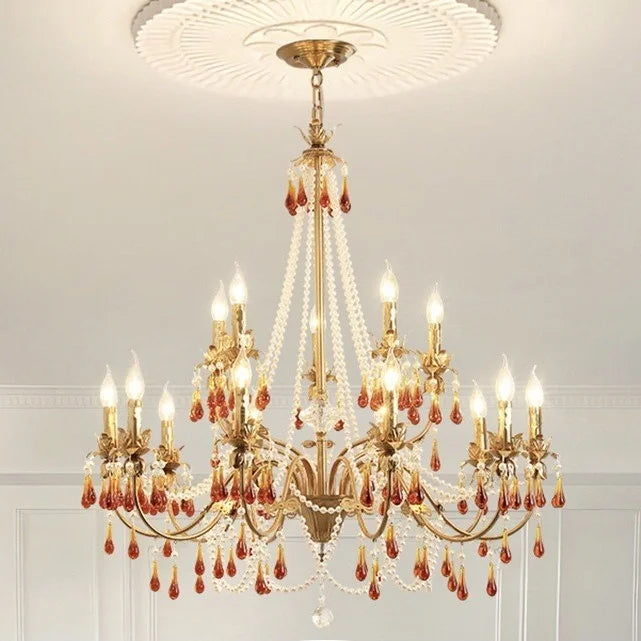 Luxury Red Crystal Candle Chandelier LED Pendant Light - Copper E14 Glamourizing Luminarias