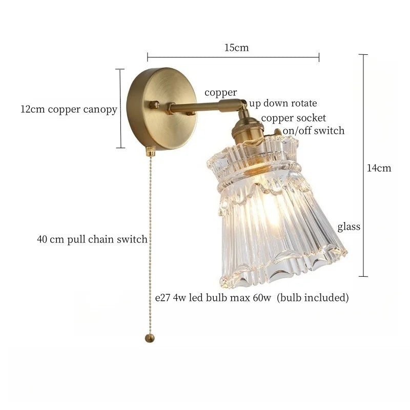 Clear Brass Glass LED Wall Lamp Pull Chain for Living Room Bedroom Loft