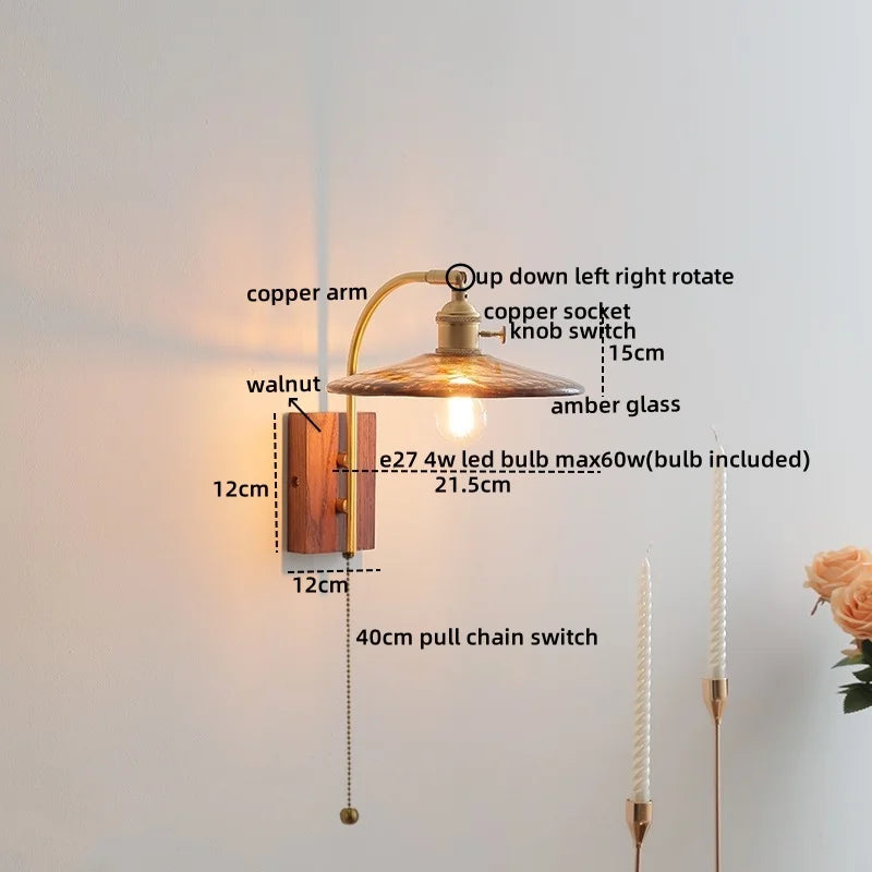 Ceramic Walnut LED Wall Lights Modern Bedside Lamp - Knob Switch