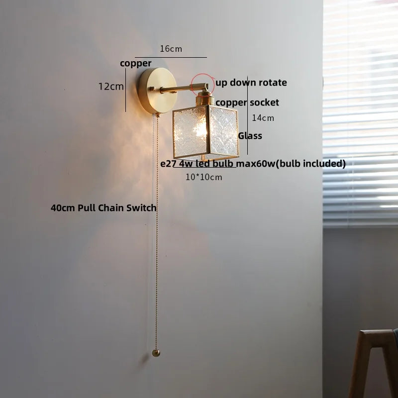 Clear Glass LED Wall Sconce Pull Chain Switch Modern Bathroom Mirror Light