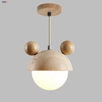 White Glass Ball Pendant Lights Yellow Travertine Wood Hang Lamp