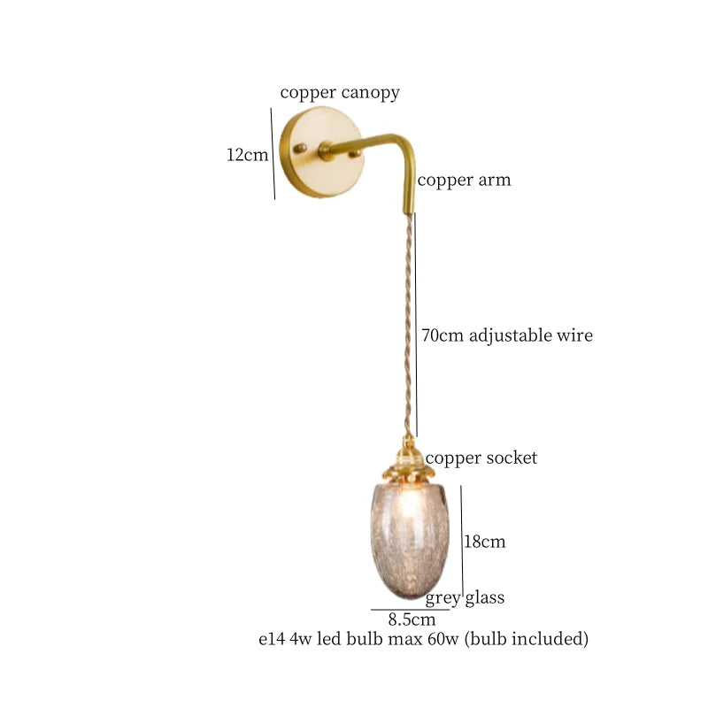 Afralia™ Grey Glass LED Wall Lamp Bedroom Living Room Loft Modern Copper Wandlamp