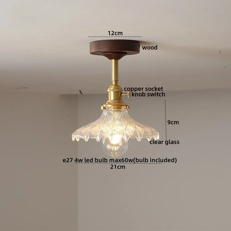 Amber Glass Copper LED Ceiling Light Fixture for Modern Home Decor