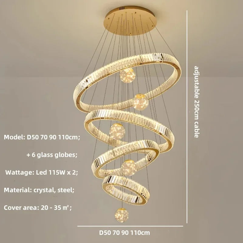 Afralia™ Luxury Glass Globe Chandelier Pendant Light with Dimmable LED for Modern Stairs