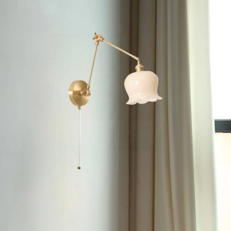 Afralia™ Cream Resin LED Wall Lights with Pull Chain Switch - Vintage Copper Bedside Lamp