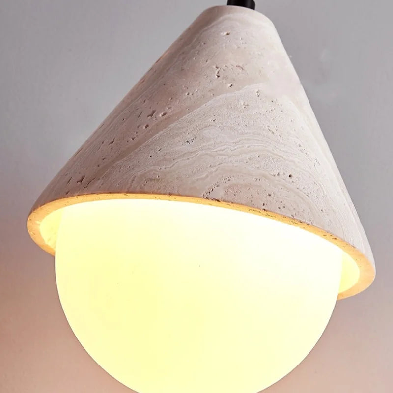 White Glass LED Pendant Light Fixture - Nordic Modern Yellow Travertine Hanging Lamp