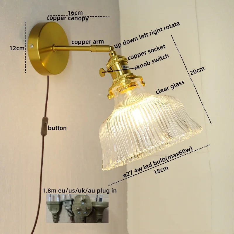 Nordic LED Wall Lights Pull Chain Switch Copper Glass Home Decor