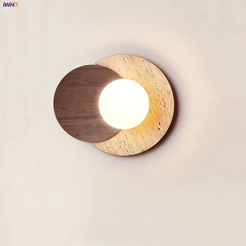 Wood White Glass LED Wall Sconce Yellow Travertine Mirror Light