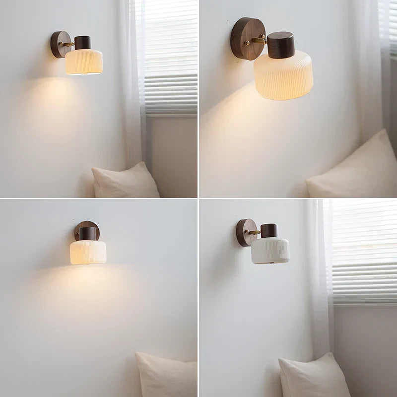 LED Wall Light Fixture Modern Nordic Rotating Reading Lamp White Ceramic Wood