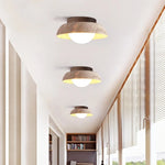 White Glass LED Ceiling Lamp with Wood Canopy - Modern Flush Mount Light