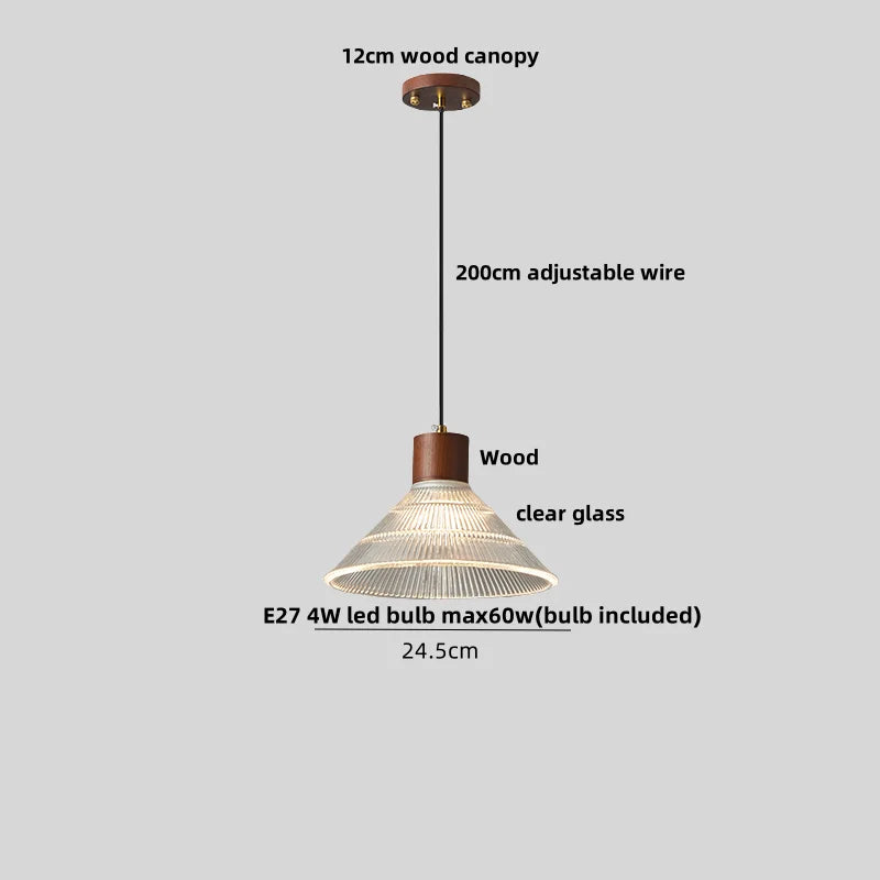 Wood Glass LED Pendant Lights Adjustable Modern Hanging Lamp